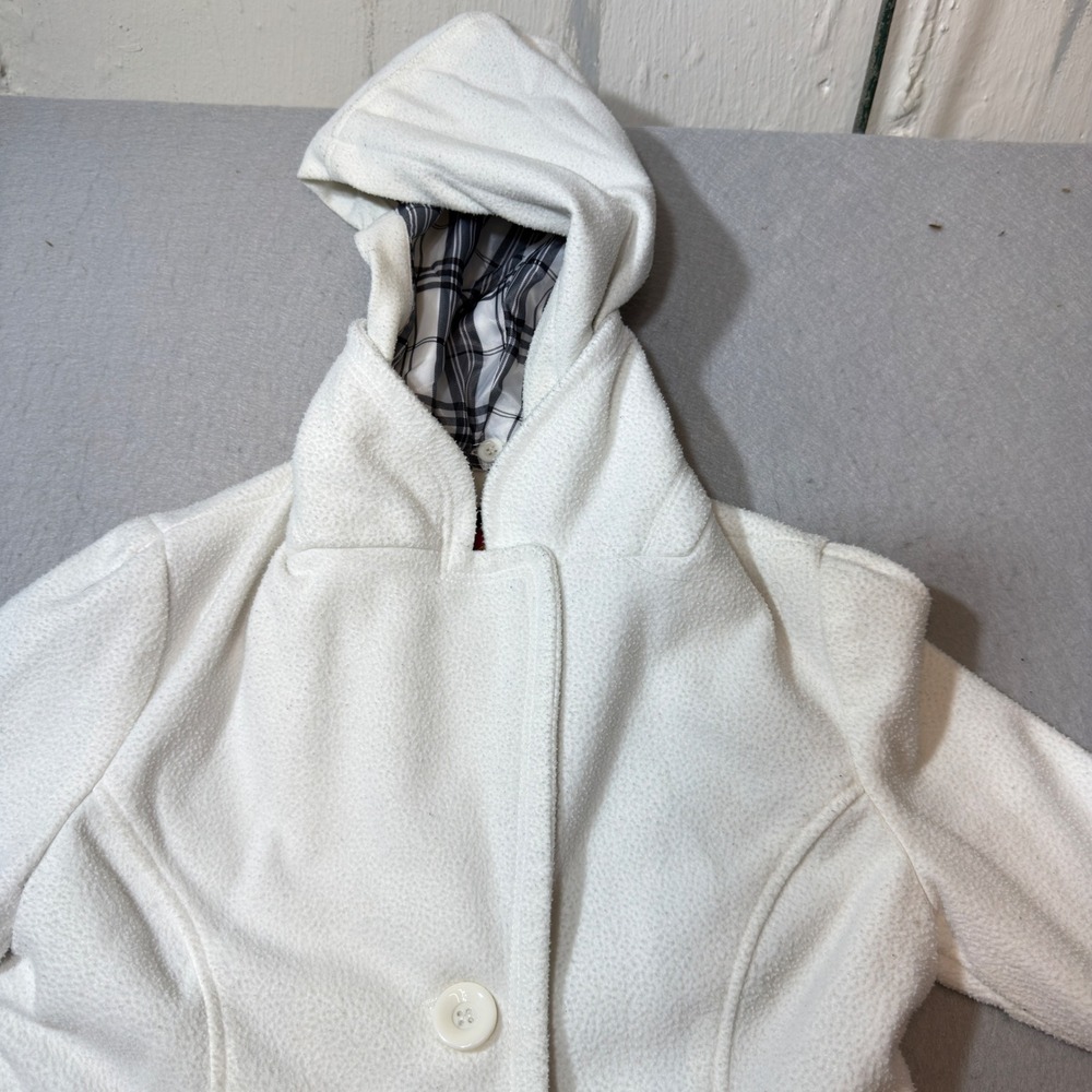 Forever 21 Hooded Peacoat Womens Small White Good Detachable Hood Belted Fleece